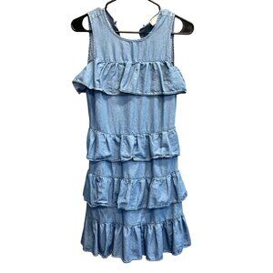 MICHAEL KORS Light Blue Chambray Tiered Ruffle Sleeveless Mini Dress Petite